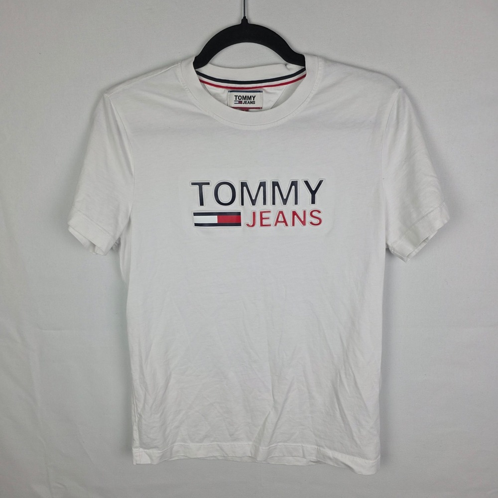 Tommy Jeans Womens White Puff Logo Graphic T-Shirt Short Sleeve Crewneck Small
